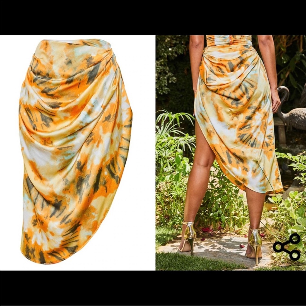 PrettyLittleThing Orange Tie-Dye Ruched Side Midi Skirt